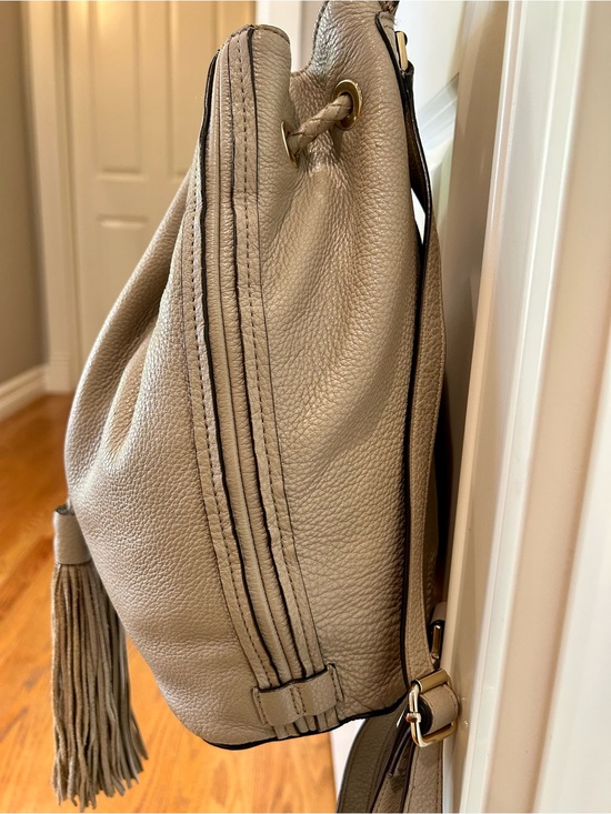 Pebbled Taupe Drawstring Backpack with Decorative Tassel main image 8
